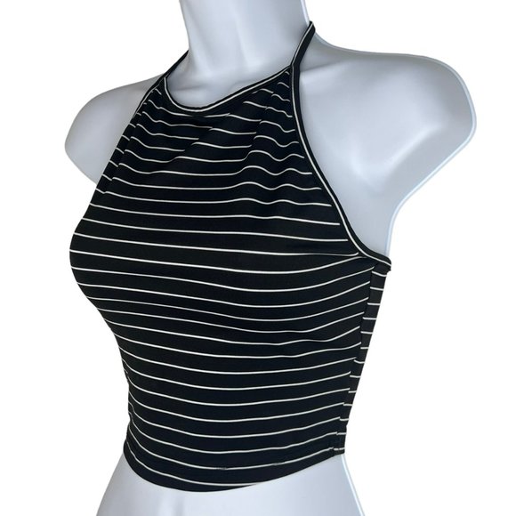 Shein Black White Stripes Halter Crop Top Tie Back Women's One Size - Picture 3 of 8